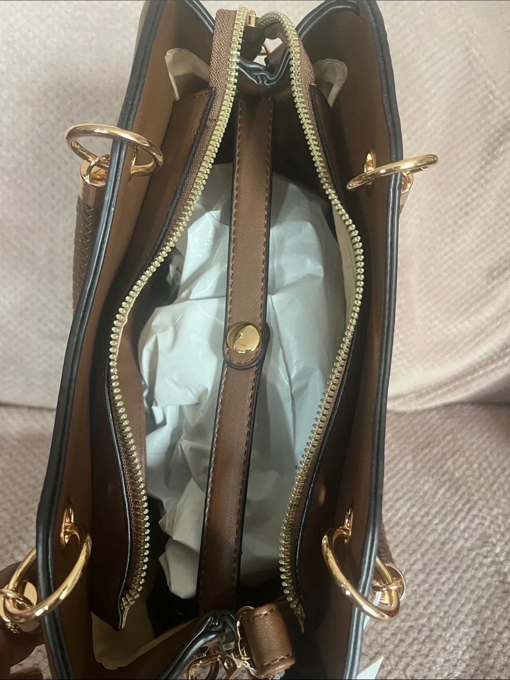 Le Bag Brown Embossed Floral Satchel